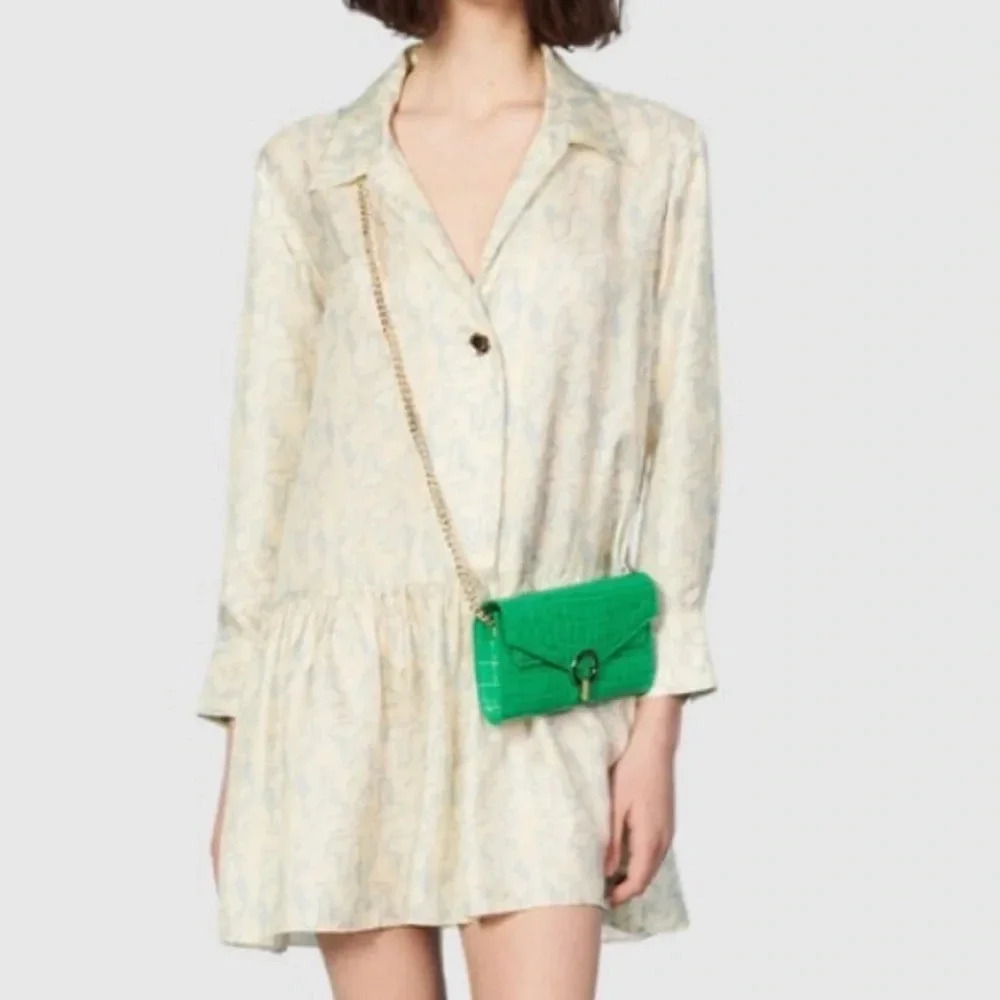Sandro Rozie Silk Mini Shirt Dress with Long Sleeves and Collar